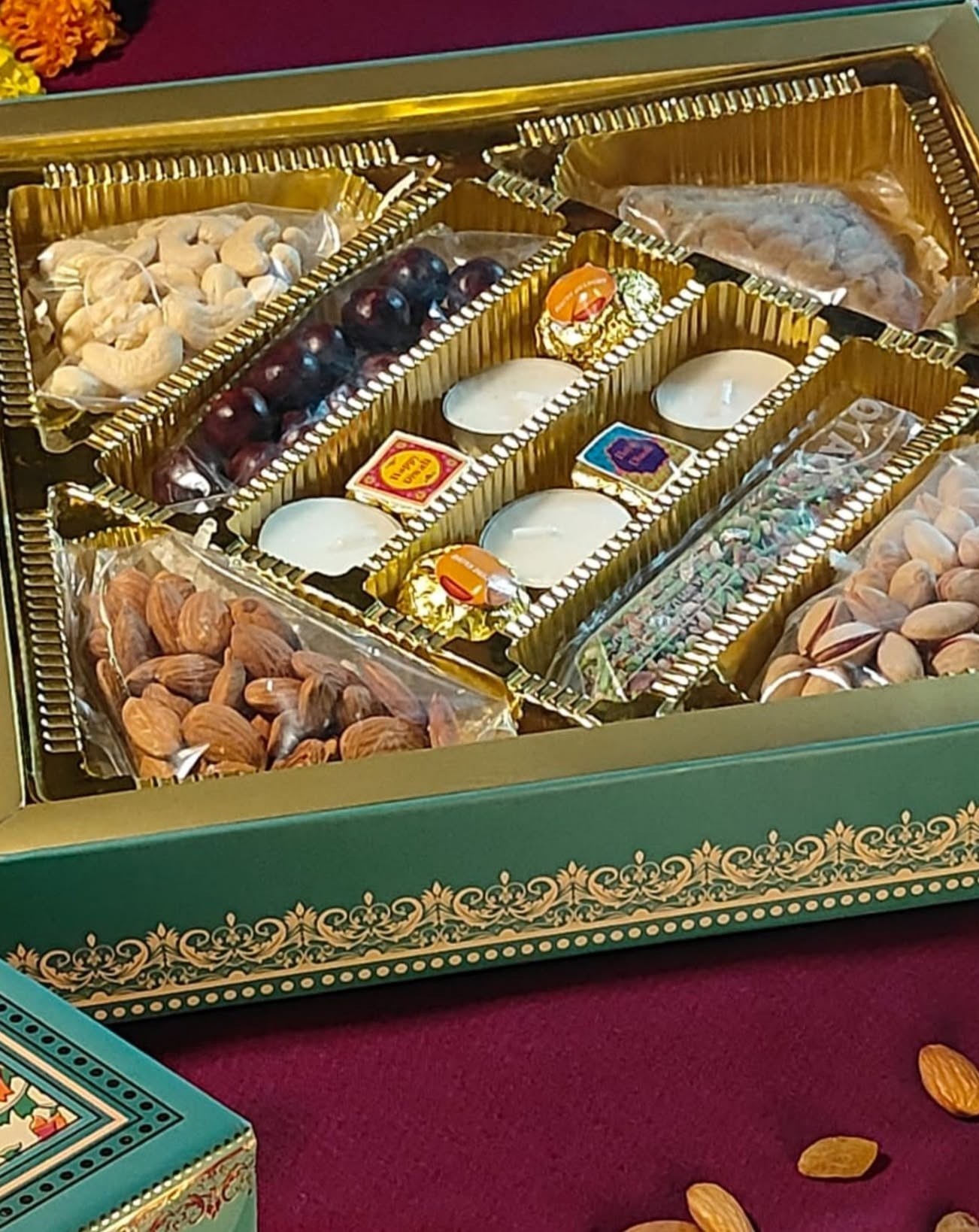 Festive gift hamper with dry fruits and chocolates
